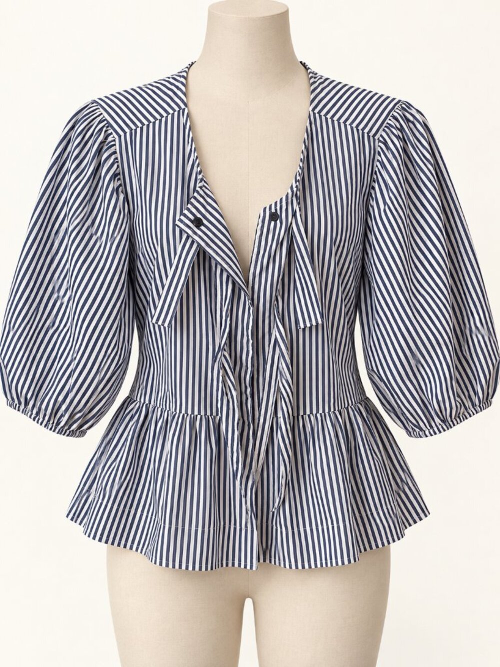 Velvet Heart Blue White Striped Bow-Front Peplum Blouse Large